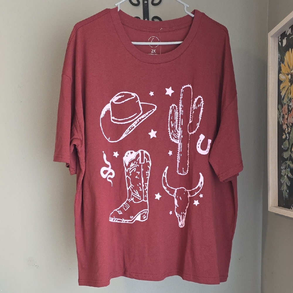 Western Graphic Tee - Burgundy Short Sleeve Tee Size 2X NWOT